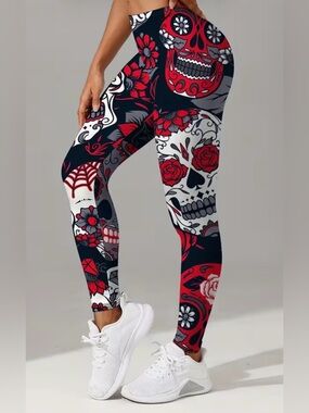 Sugar Skull Floral High-Rise Leggings in Red & Black